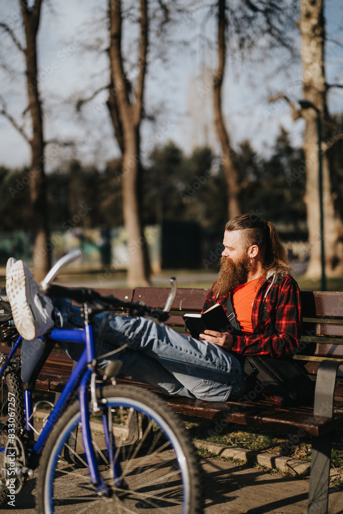 A bearded businessman in casual attire works remotely on a tablet while sitting on a park bench with his bicycle beside him. A bearded businessman in casual attire works remotely on a tablet while sitting on a park bench with his bicycle beside him.