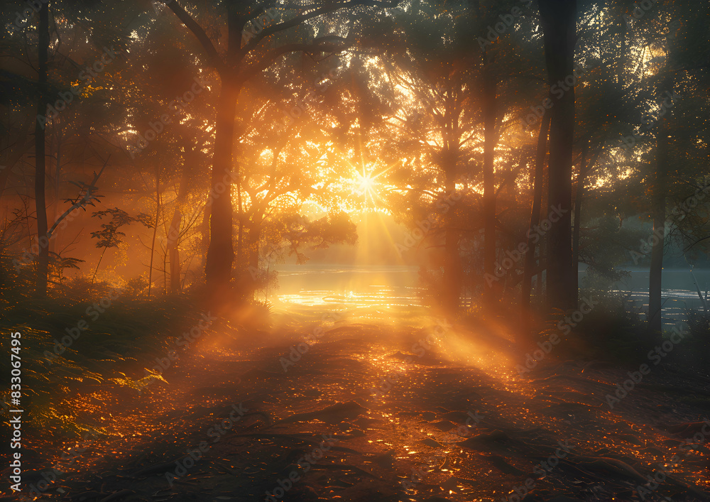 Naklejka premium A vibrant nature rainforest at dusk, the last light of the day creating long shadows and a serene atmosphere