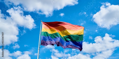 A rainbow flag waving in front of a clear blue sky in the background, representing pride month.