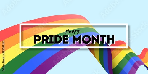 Happy Pride month text and colorful rainbow ribbon at the background, backdrop.