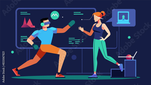 A trainer monitoring a clients biometric data as they go through a VR combat fitness program making adjustments to ensure optimal results.. Vector illustration