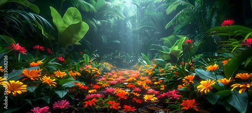 A vibrant nature rainforest scene with exotic flowers and plants, the ground covered in a blanket of fallen leaves