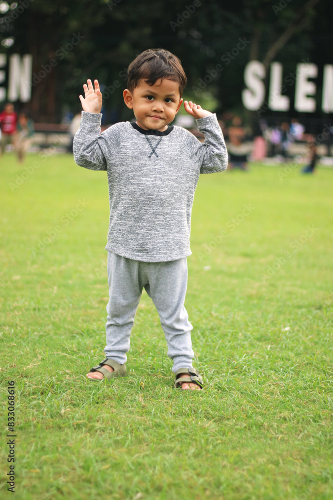 A handsome young boy, nicely dressed showing an expression of joy with hands up in the air looking excited and happy to be playing outdoors.
A handsome young boy, nicely dressed showing an expression of joy with hands up in the air looking excited and happy to be playing outdoors.