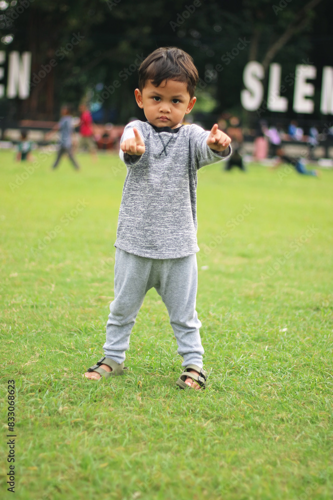 A handsome young boy, nicely dressed showing an expression of joy with hands up in the air looking excited and happy to be playing outdoors.
A handsome young boy, nicely dressed showing an expression of joy with hands up in the air looking excited and happy to be playing outdoors.