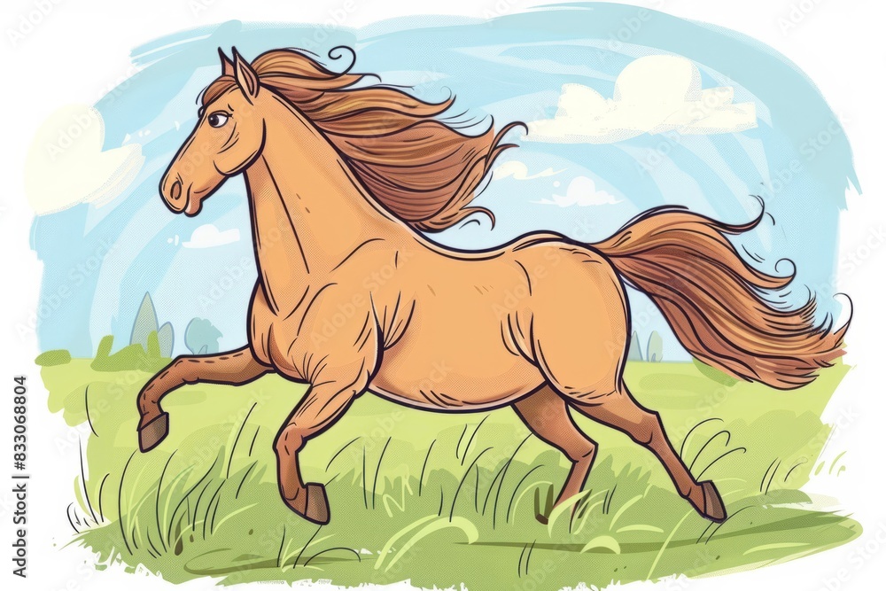 Cartoon cute doodles of a horse galloping across a field with flowing mane and tail, Generative AI Cartoon cute doodles of a horse galloping across a field with flowing mane and tail, Generative AI