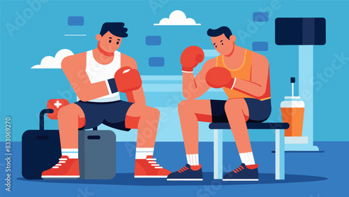 As the boxers take a break between rounds they use the virtual gyms recovery tools to soothe their muscles and prevent injuries.. Vector illustration