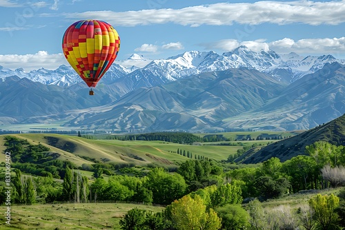 A vibrant hot air balloon floating over a lush green landscape with snow-capped mountains in the distance.