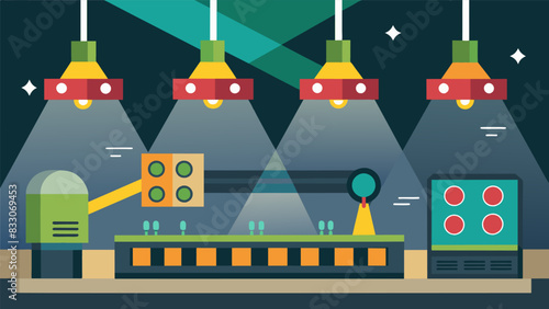 Pulsating lights illuminating the production floor signaling the constant movement of raw materials and finished products.. Vector illustration