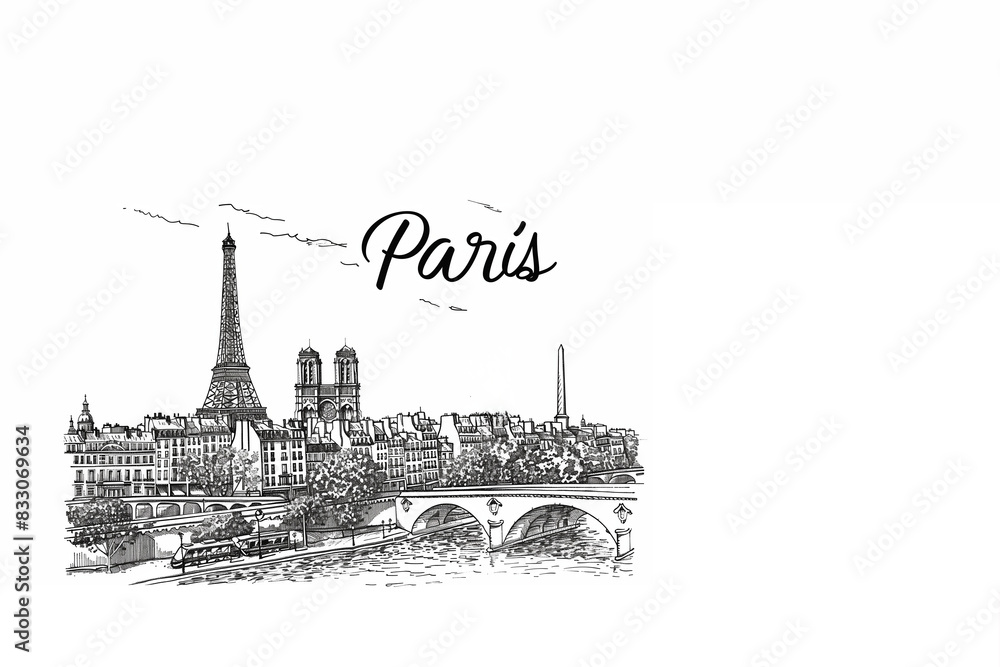 Dessin à la pointe feutre, noir sur fond blanc de Paris avec le bord de Seine, la Tour Eiffel, les tours de Notre Dame de Paris, l'Obélisque, le pont neuf et le texte. JO Paris 2024 - copyspace Dessin à la pointe feutre, noir sur fond blanc de Paris avec le bord de Seine, la Tour Eiffel, les tours de Notre Dame de Paris, l'Obélisque, le pont neuf et le texte. JO Paris 2024 - copyspace