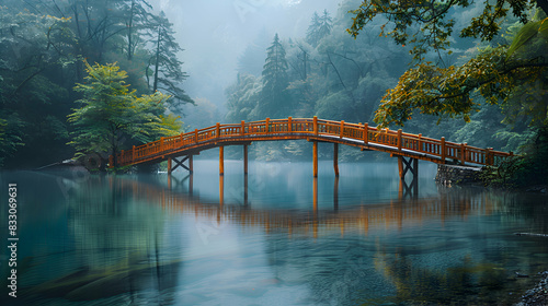A vibrant nature river landscape with a wooden bridge spanning the water, the calm surface reflecting the sky