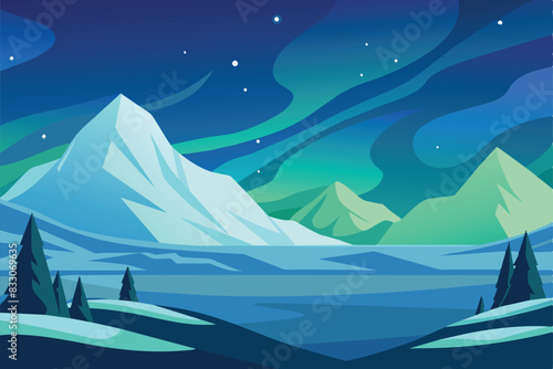 Beautiful Aurora Borealis Sky Light Snow Mountain Adventure Polar Landscape vector Illustration