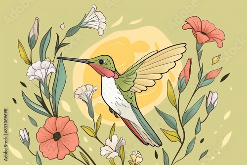 Cartoon cute doodles of a hummingbird hovering around flowers with delicate wing flaps  Generative AI