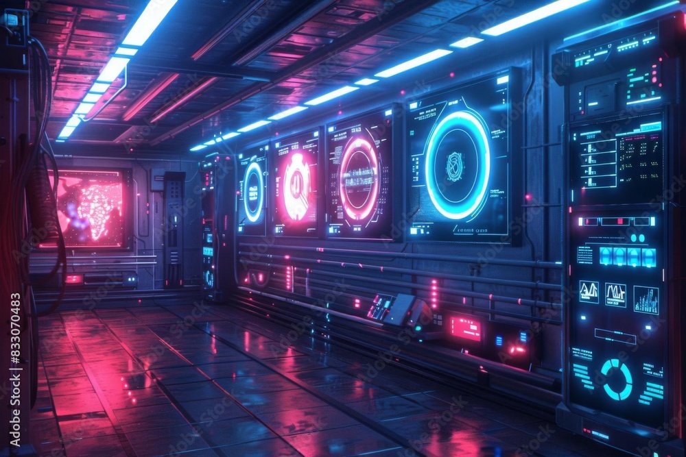 Futuristic technology room with neon lights, advanced computer screens, and high-tech equipment in a sci-fi environment. Futuristic technology room with neon lights, advanced computer screens, and high-tech equipment in a sci-fi environment.