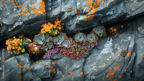 A vibrant nature rocky shore landscape with colorful seaweed and barnacles clinging to the rocks photo