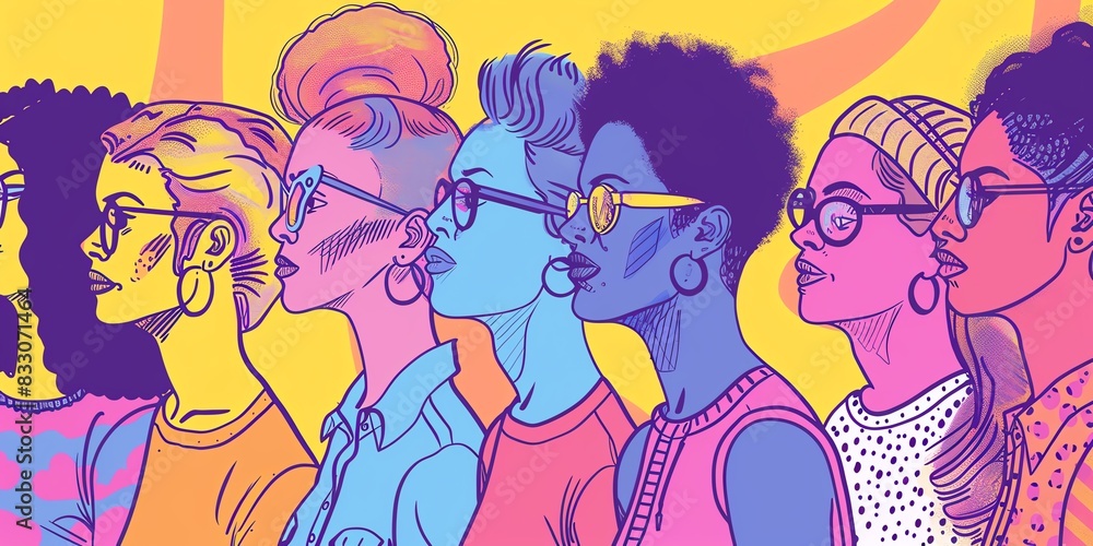 Diverse group of women of color with different hairstyles wearing glasses looking forward with serious expressions on their faces against a yellow background. Diverse group of women of color with different hairstyles wearing glasses looking forward with serious expressions on their faces against a yellow background.