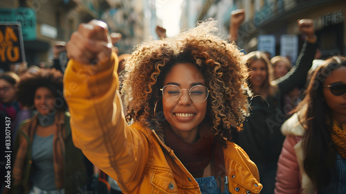 A group of united multiracial multicultural women claiming their power in the streets for Women's Day photo