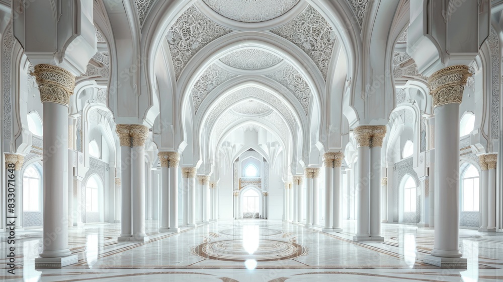 interior of a beautiful islamic mosque with ornate archway. interior of a beautiful islamic mosque with ornate archway.