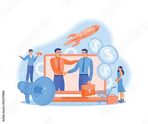 Wallpaper Mural Business partners work together online. Two businessmen shaking hands after an agreement. Marketing Business concept. Flat vector illustration. Torontodigital.ca