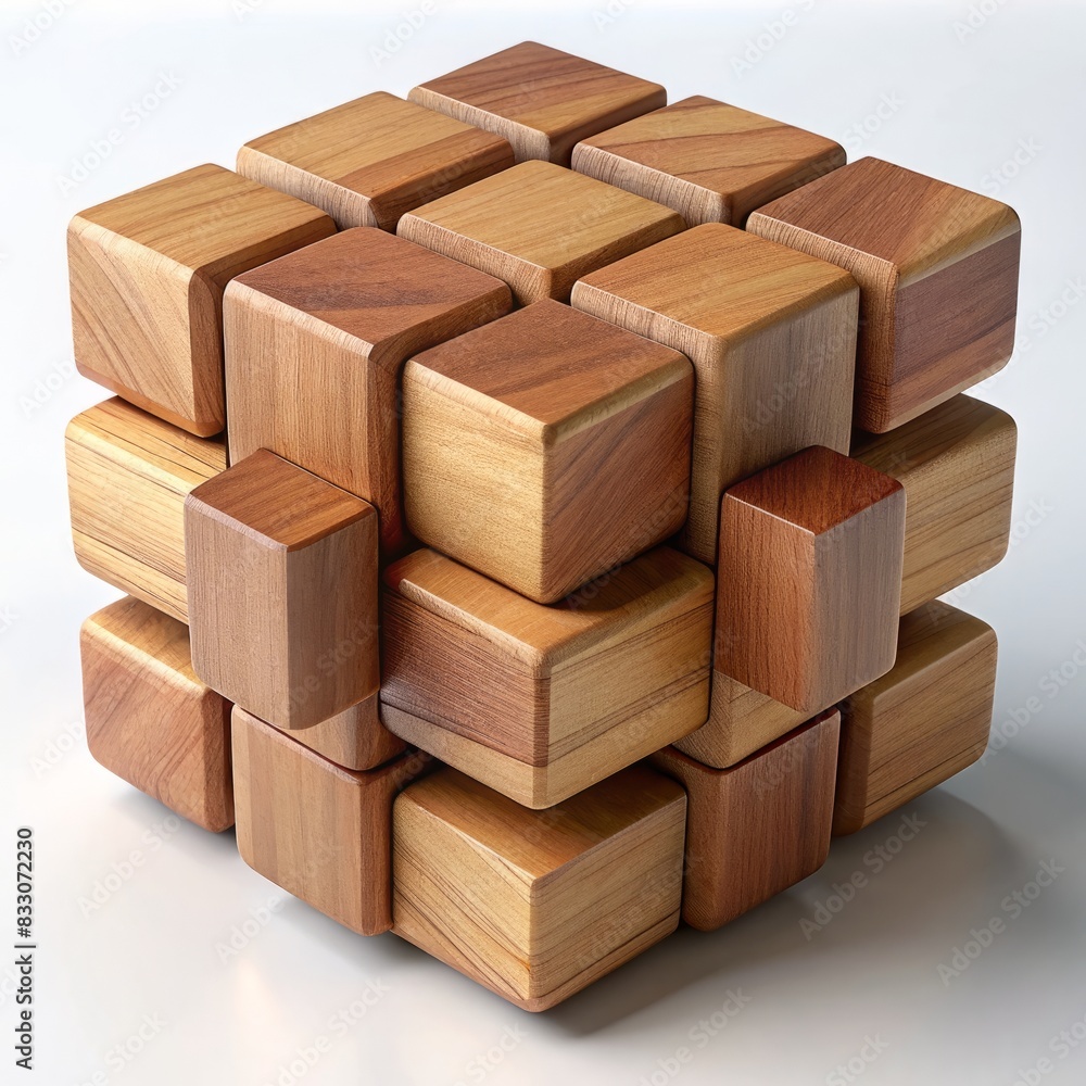 3D Render of a Wooden Block Cube Puzzle, on isolated white background, Generative AI 3D Render of a Wooden Block Cube Puzzle, on isolated white background, Generative AI