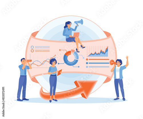 Office worker studying infographic data. Monitor company financial data. Data Analysis concept. Flat vector illustration.