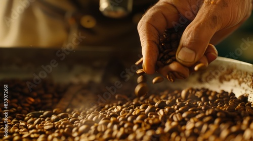 Close-up shot of meticulously examining coffee beans, showcasing the dedication to quality control.
