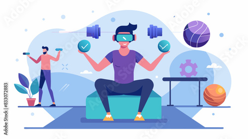 Use VR technology to finetune your mindbody coordination in a virtual reality gym where physical and mental challenges await.. Vector illustration