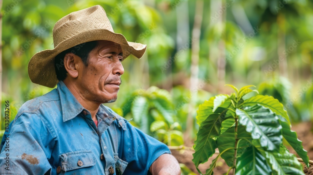 A farmer surveys a newly planted coffee plot, their face etched with determination and a vision for a prosperous future. A farmer surveys a newly planted coffee plot, their face etched with determination and a vision for a prosperous future.
