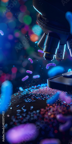 Ttulo Ilustrao de um microscpio com clulas de bactrias coloridas ao fundo photo
