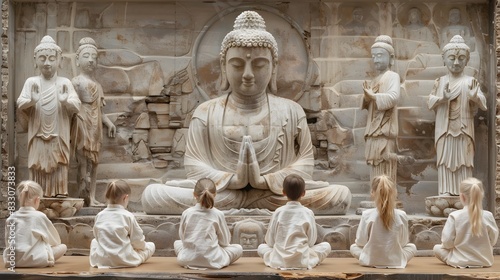 Children in White Robes Meditating Before Majestic Buddha Statue in Temple photo