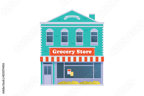 Vector element of store and  shop building, grocery building front view detailed flat design style for city illustration	