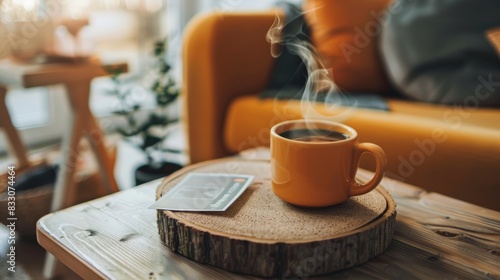 A steaming cup of coffee sits on a cozy breakfast table adorned with a subscription service postcard detailing the current coffee selection.