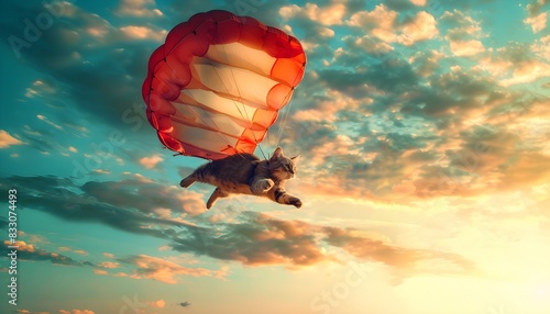 A cat flying through the air with a parachute 
