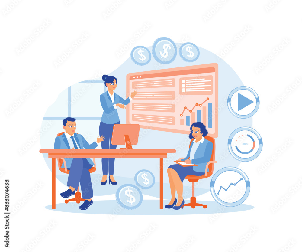 Business team meeting in the meeting room. Discuss business ideas to improve marketing. Digital Marketing concept. Flat vector illustration. Business team meeting in the meeting room. Discuss business ideas to improve marketing. Digital Marketing concept. Flat vector illustration.