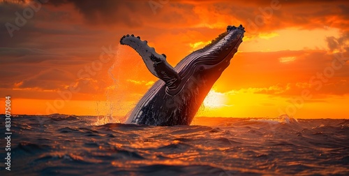 Majestic Humpback Whale Breaching the Ocean Surface at Dramatic Sunset © Thares2020