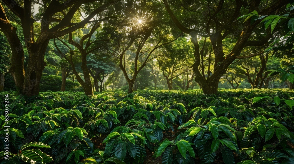 A vibrant green coffee plantation bathed in dappled sunlight filtering through a canopy of mature trees. A vibrant green coffee plantation bathed in dappled sunlight filtering through a canopy of mature trees.
