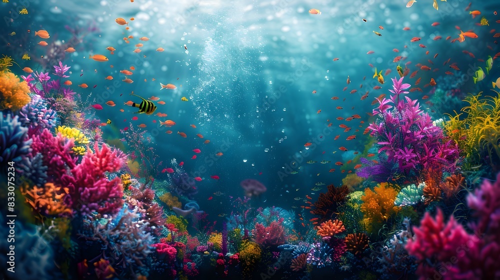 Thriving Underwater Oasis A Vibrant Digital Seascape Teeming with Marine Life and Captivating Coral Formations
