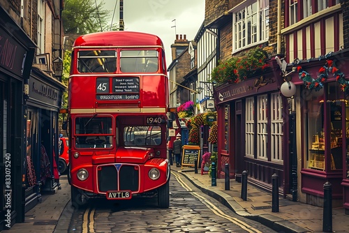 A vintage red double-decker bus cruising down a cobblestone street lined with vibrant shops photo