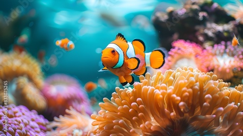 Vibrant Clownfish and Anemones in a Colorful Coral Reef Underwater Scene