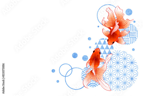 金魚、和柄、暑中見舞いはがき、かわいい、横、青、イラスト