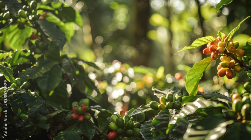 A close-up of vibrant coffee plants thriving alongside shade trees, depicting the harmonious balance of a coffee ecosystem. A close-up of vibrant coffee plants thriving alongside shade trees, depicting the harmonious balance of a coffee ecosystem.