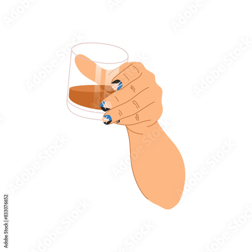 Man hold glass with drink with geometric nails design isolated on a white background. Male manicure concept. Manicure in black and blue colors and with line and patterns, trendy nails. Vector