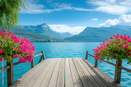 Pier with flowers on the lake of Annecy, in the village of Talloires. Mountains landscape and blue sky on background. France


