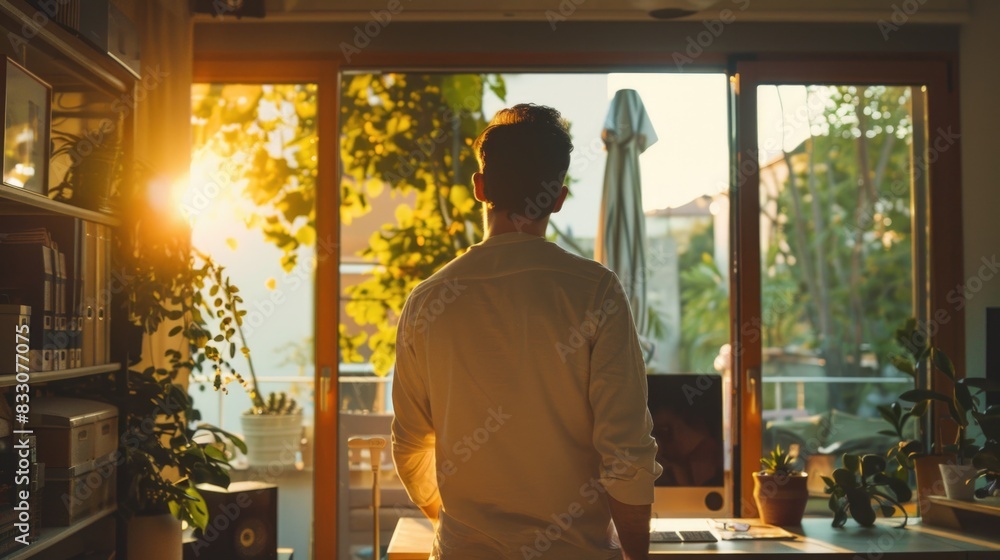 A white man entering his home office, ready to start his workday A white man entering his home office, ready to start his workday