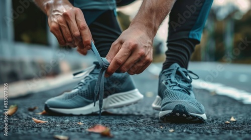 A white man lacing up his shoes, getting ready to go for a morning run