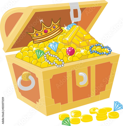 3D vector illustration of open treasure box full of coins, gold bars, pearl necklaces, diamonds, gems, crown and jewelry