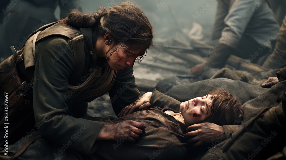 exhausted but determined female physician working tirelessly to save lives in an overwhelmed military hospital exhausted but determined female physician working tirelessly to save lives in an overwhelmed military hospital