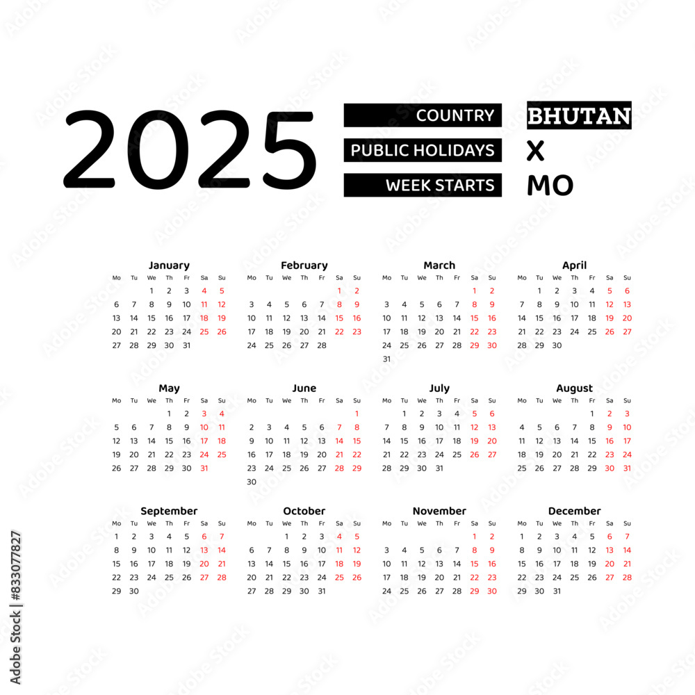 Bhutan Calendar 2025. Week starts from Monday. Vector graphic design. English language. Bhutan Calendar 2025. Week starts from Monday. Vector graphic design. English language.
