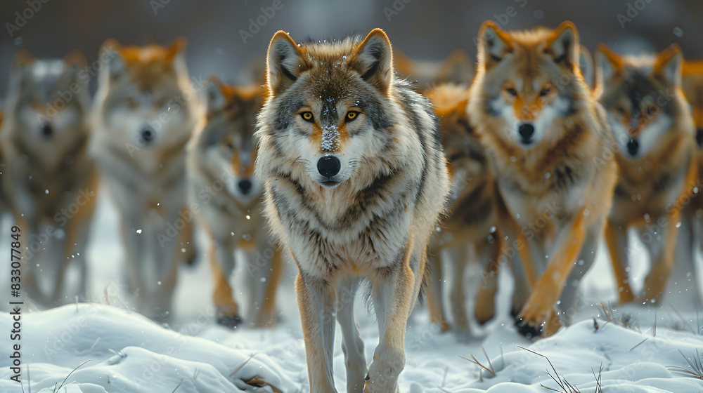 Obraz premium A vibrant nature tundra landscape with a pack of wolves moving across the snow-covered terrain, the scene captured with a tilt-shift lens