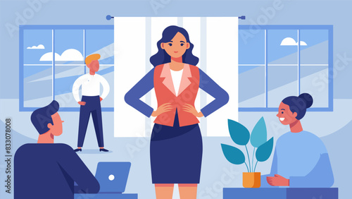A woman stands confidently at the front of the room giving a presentation on managing stress and overcoming obstacles in the workplace.. Vector illustration