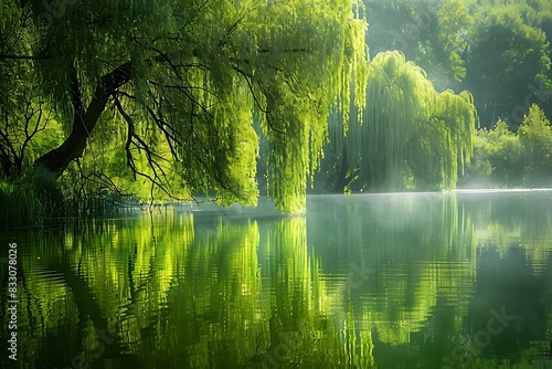 A weeping willow tree reflected perfectly in the still waters of a lake.